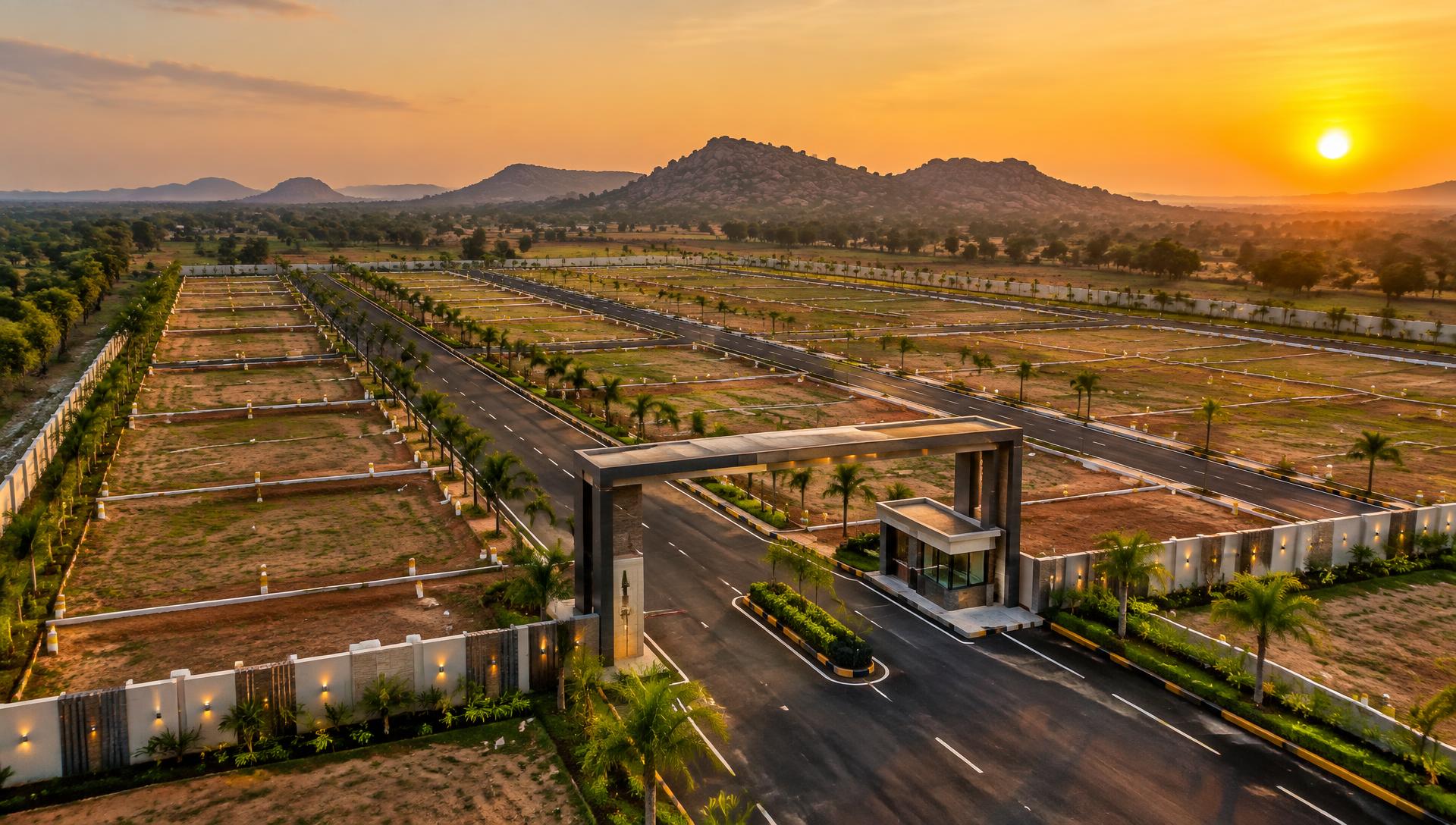 Residential community in Telangana at sunset